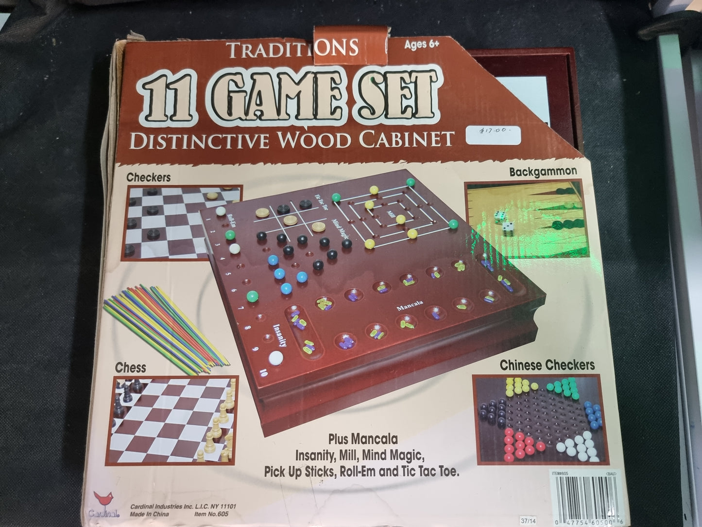 11 GAME SET DISTINCTIVE WOOD CABINET BOARD GAMES (USED)