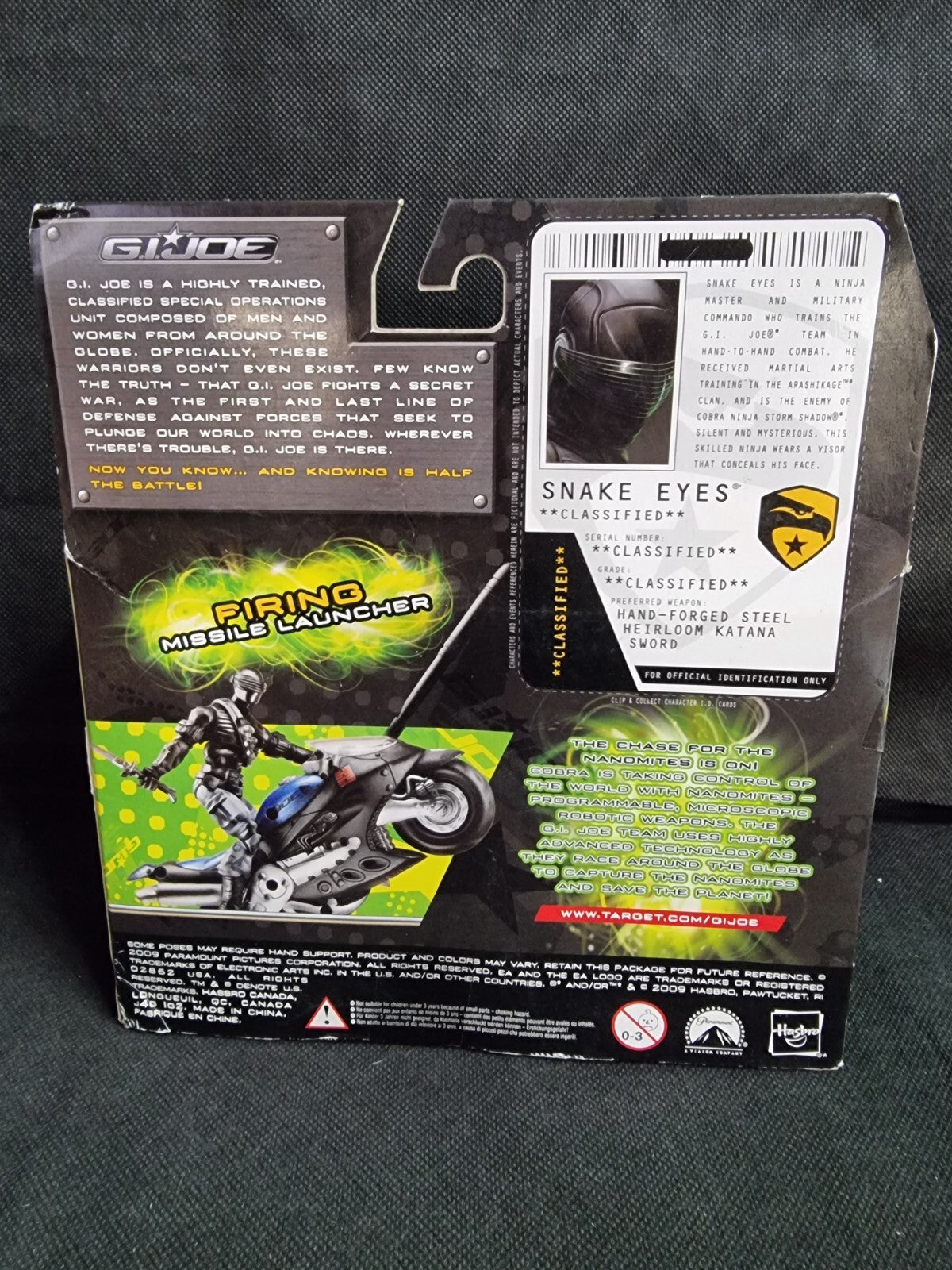 2009 G.I. Joe The Rise of Cobra Arashikage Cycle ( MISSING SNAKE EYES)
