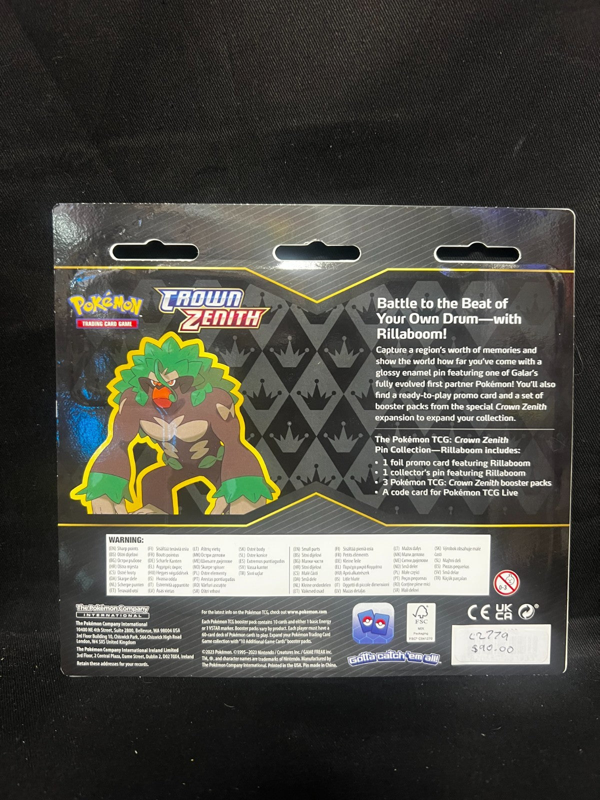 Pokémon Crown Zenith Rillaboom Pin Collection Sealed 3 Pack blister