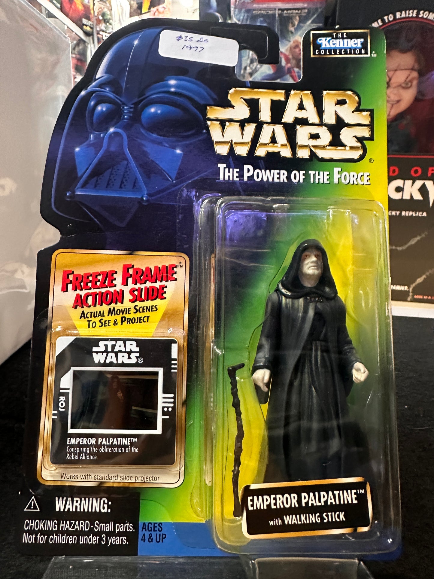 STAR WARS YEAR 1997 POWER OF THE FORCE SERIES 4 INCH TALL FIGURE - EMPEROR PALPATINE WITH WALKING STICK AND FREEZE FRAME ACTION SLIDE