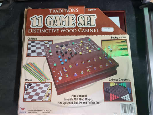 11 GAME SET DISTINCTIVE WOOD CABINET BOARD GAMES (USED)