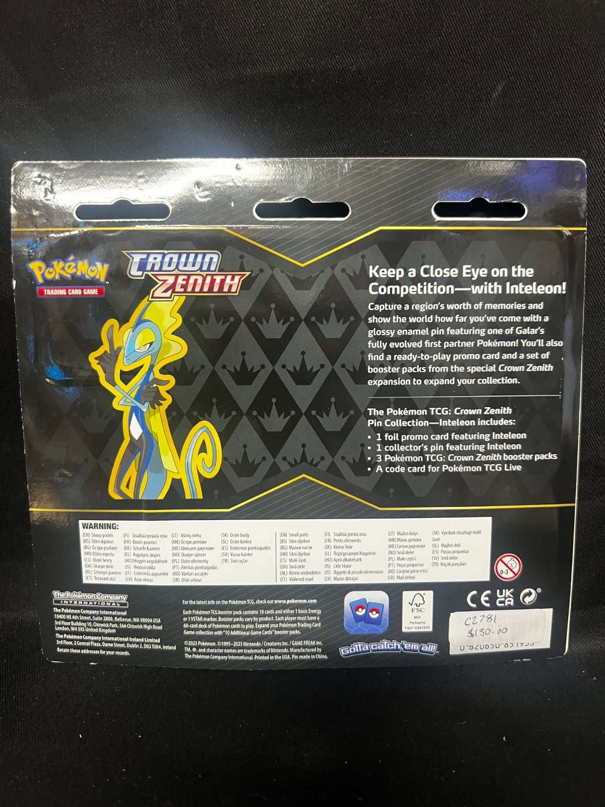 Crown Zenith Inteleon Pin Collection 3 Pack Blister Pokemon TCG NEW