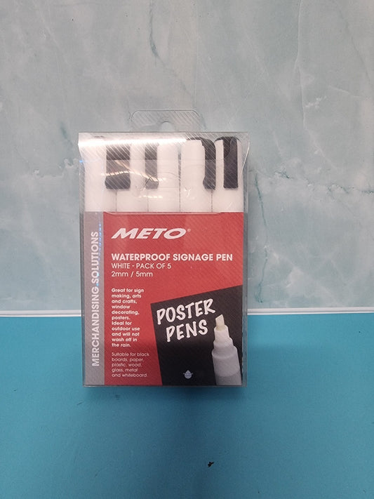 Meto Waterproof Sign Writing Pens 2/5mm Tips White 5 Pack
