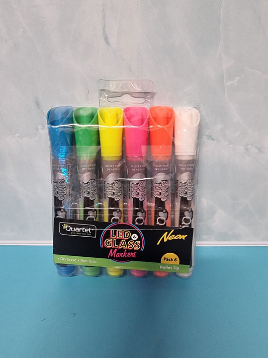 Quartet Neon LED/GLASS Dry Erase Marker Assorted Colours - 6 Pack