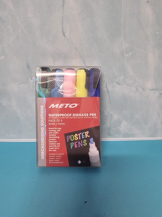 Meto Waterproof Sign Writing Pens 2/5mm Tips Fluoro 5 Pack
