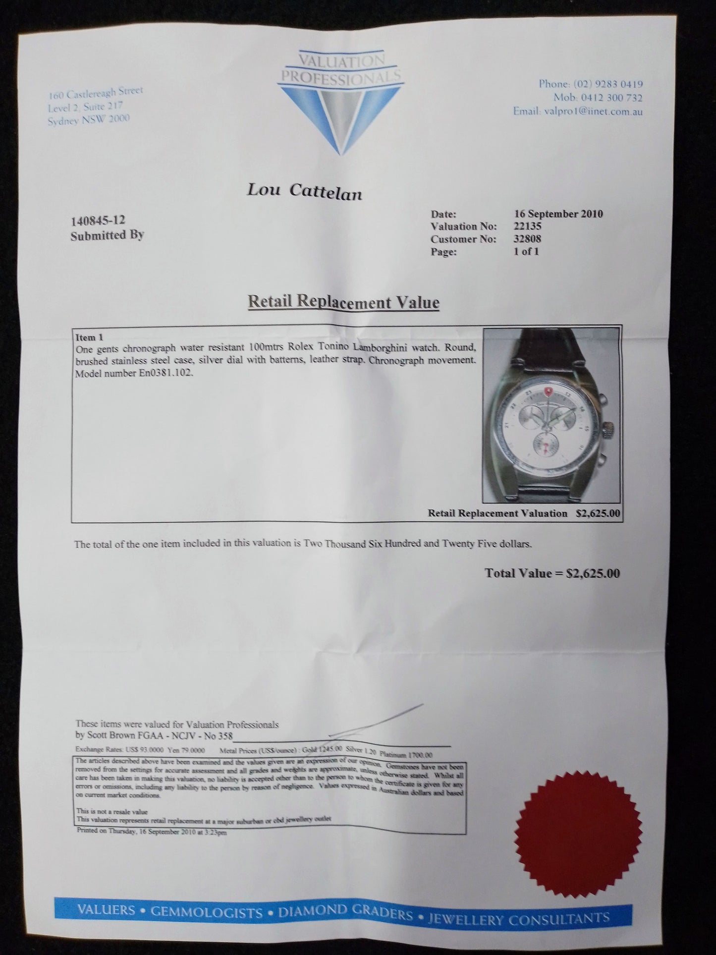 Tonino Lamborghini En0381.102 Chronograph Watch + Valuation = $2625.00 - N06536