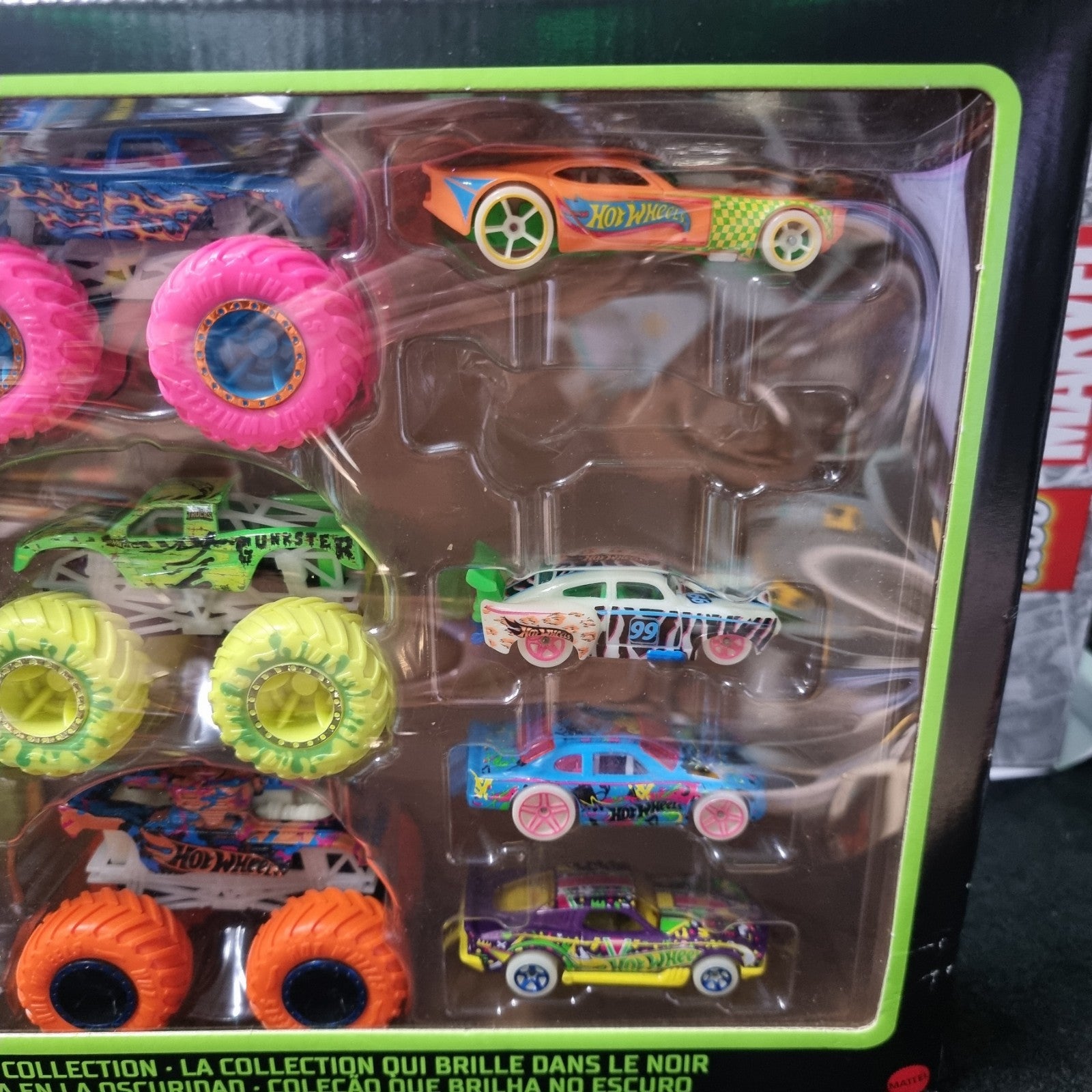 "Glow-in-the-Dark Hot Wheels Monster Trucks Set - Mattel (One Missing)
