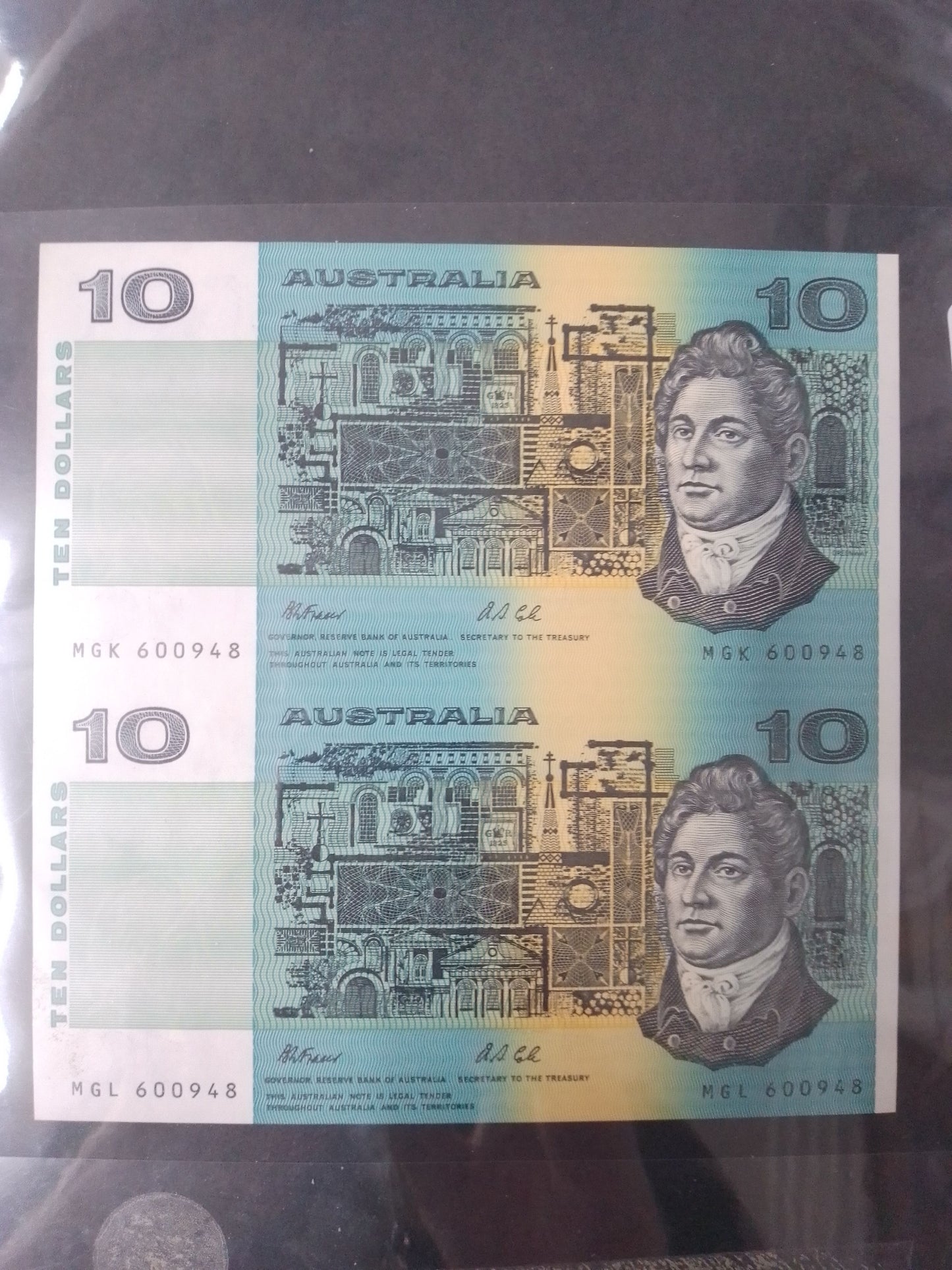 2 x Australian 10 Dollar Old Bank Notes Uncut - N05364